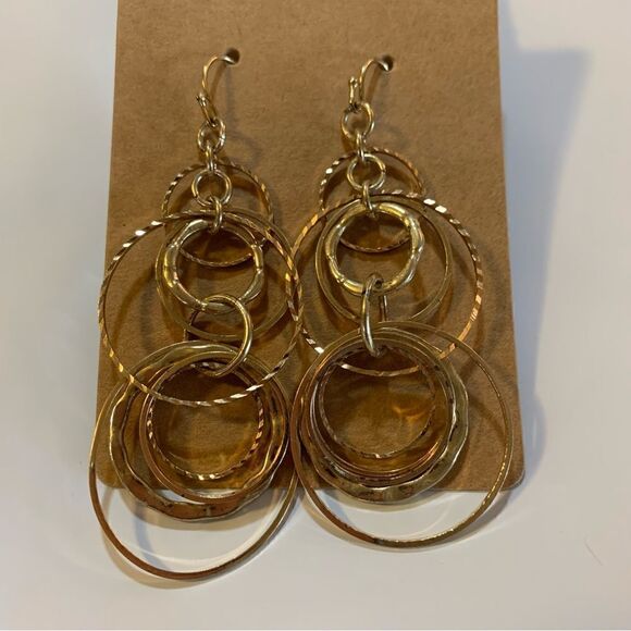 Gold Tone Drop Dangle Layered Circles Pierced Earrings 3” - Picture 2 of 4